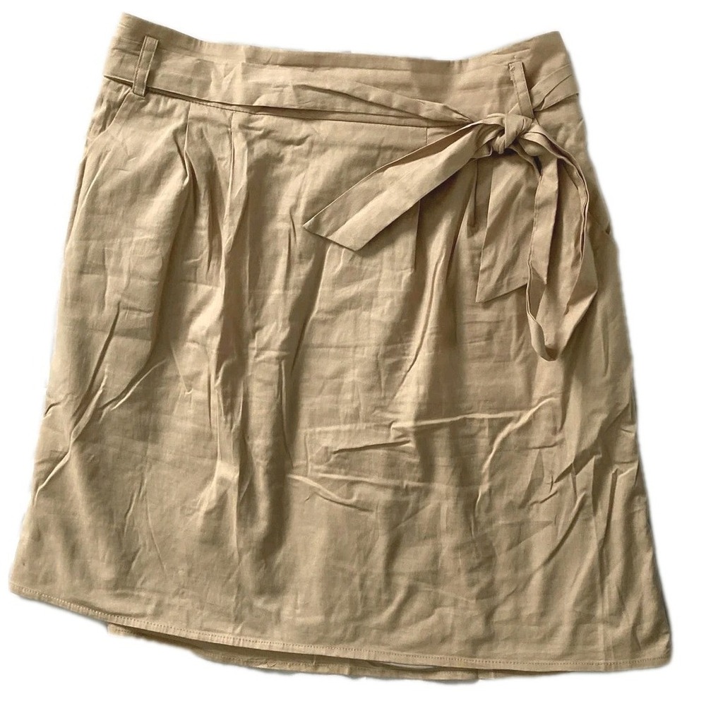 Annabella Skirt Womens Medium Beige Cotton A-Line Tie Waist Pleated Short Lined